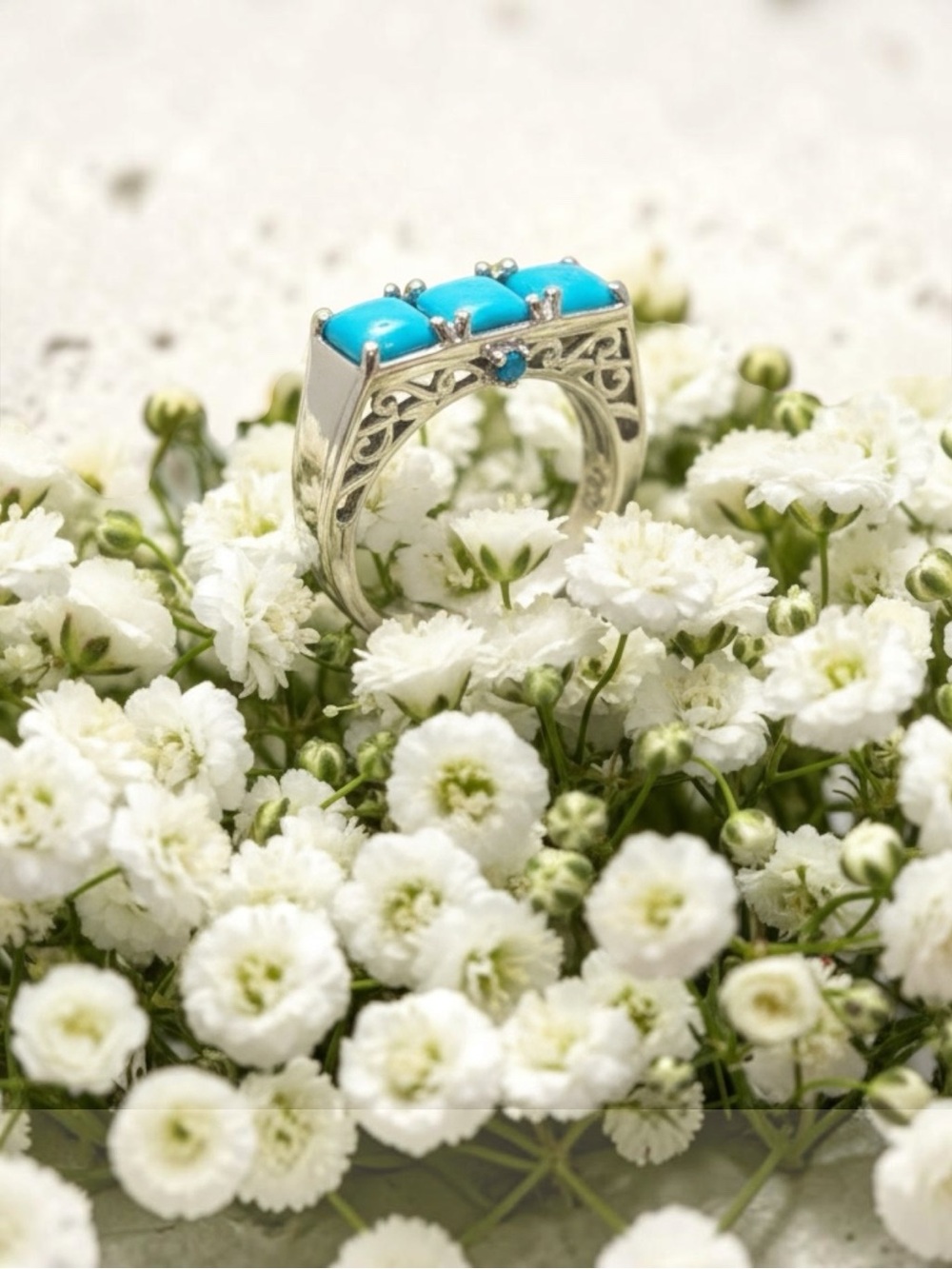 Sleeping Beauty  Turquoise Triple Stone Ring set in .925 Sterling  size 5   NEW